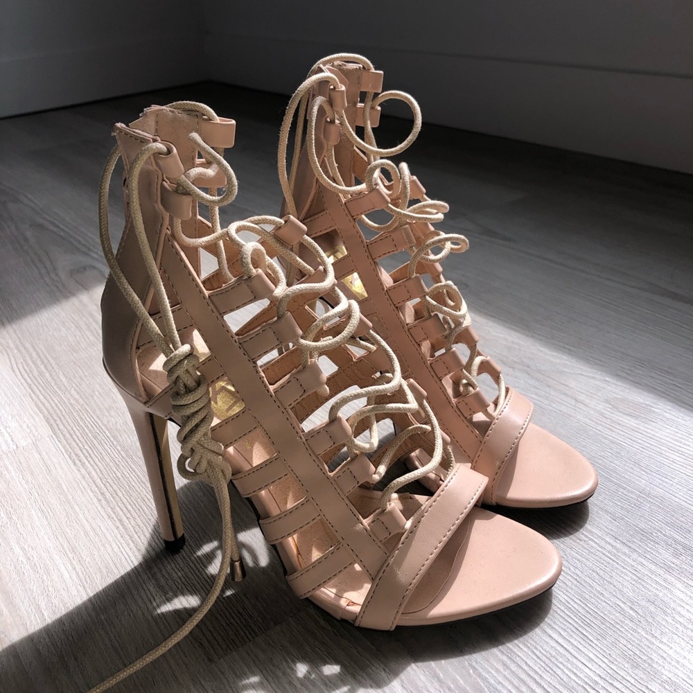 Nude lace up heels